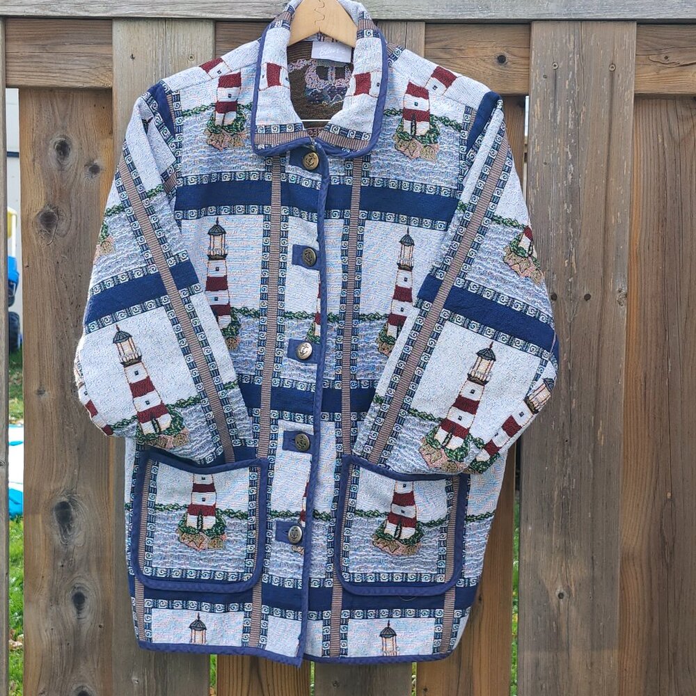 ADORABLE BLAIR Lighthouse Tapestry Blazer Women's Size L Costal Navy Nautical